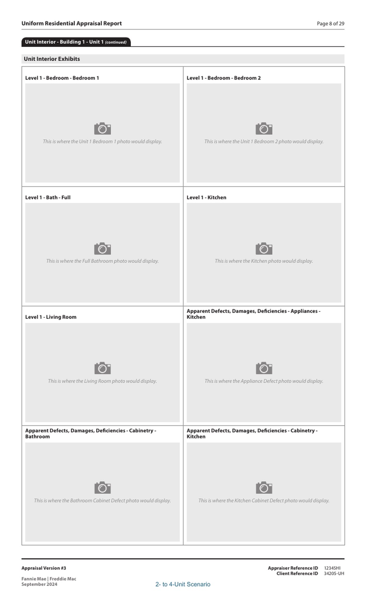 The redesigned report places labeled room and defect photographs within the relevant section