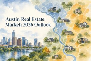 Watercolor Austin real estate market map showing homes, inventory, and regional price differences.