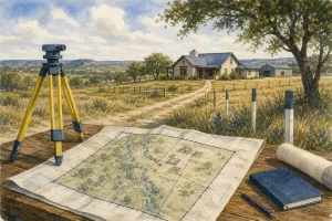 Texas property survey showing boundaries, easements, and structures