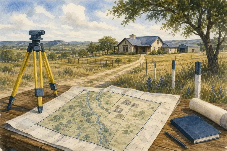 Texas property survey showing boundaries, easements, and structures