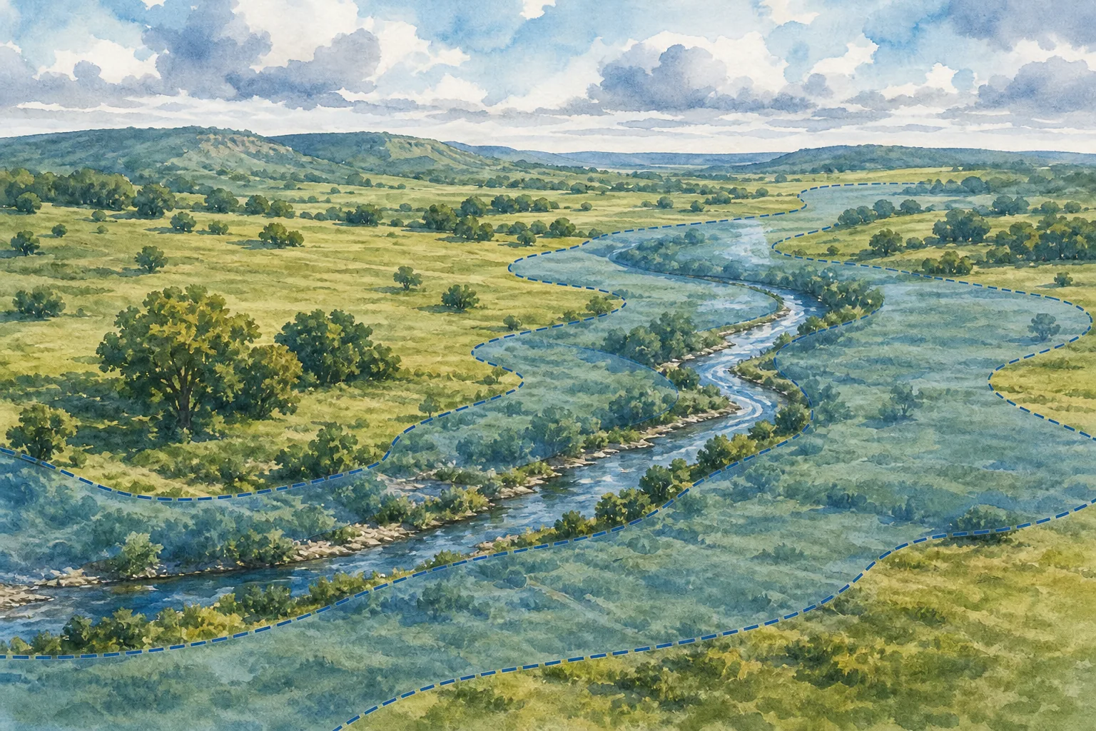 Texas land flood risk and drainage illustration.