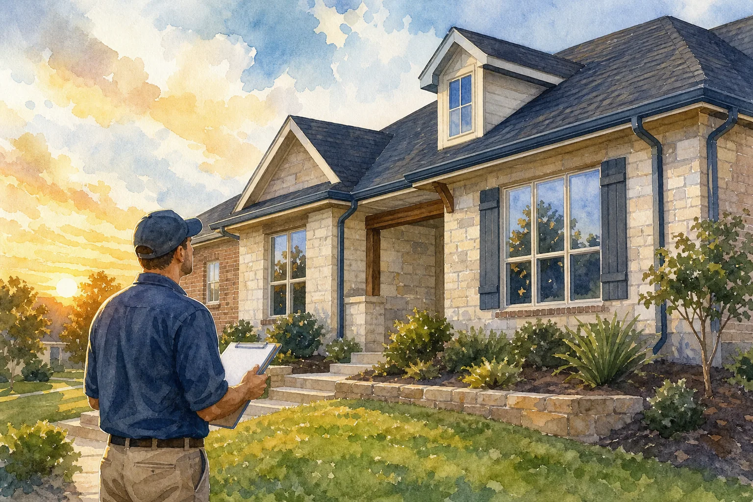Home walkthrough exterior drainage and roof inspection