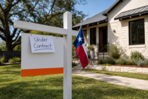 A realistic photo of a Texas home with a "Under Contract" sign on the front lawn, showing a handwritten note and a small