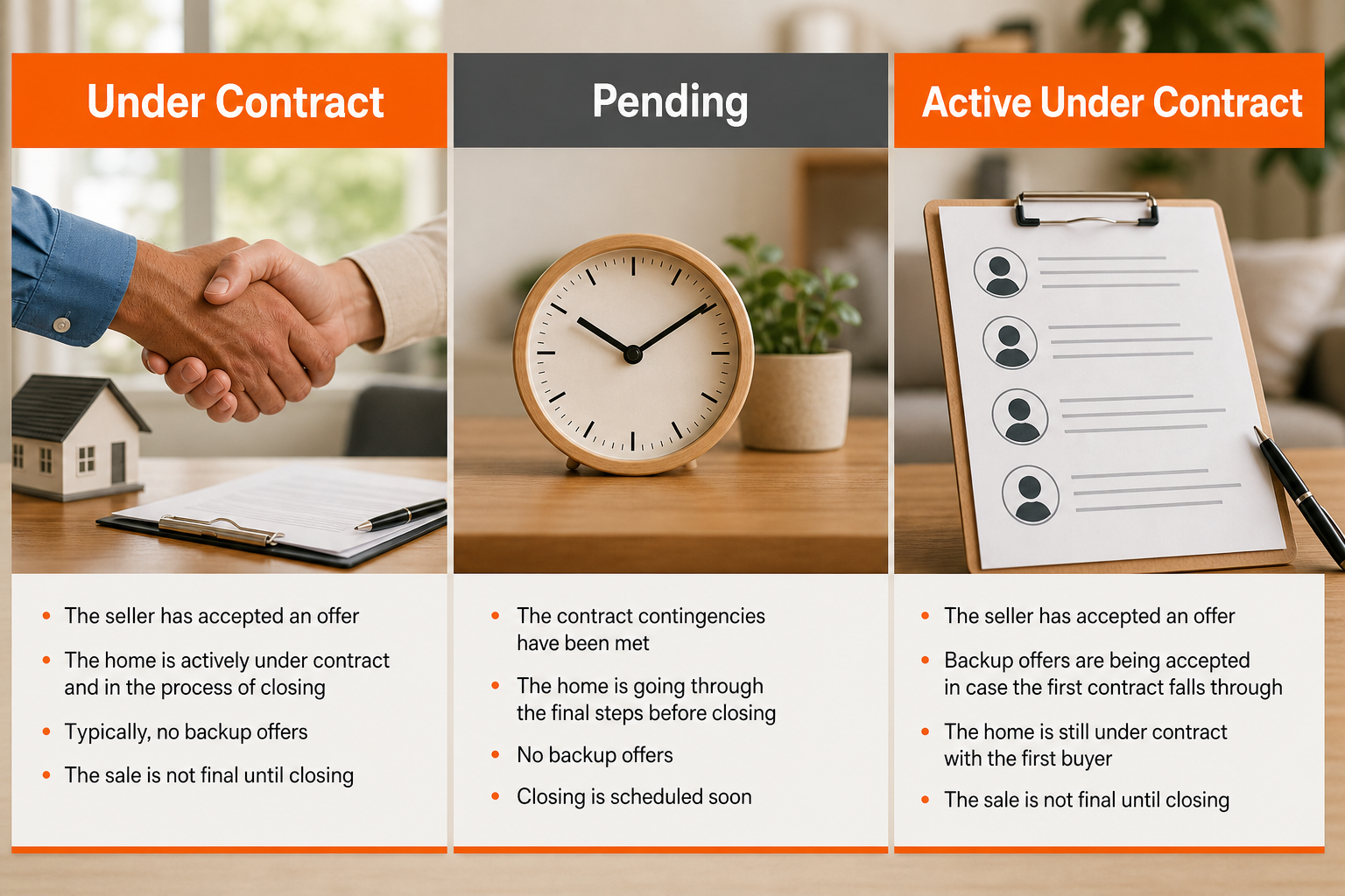 A side‑by‑side infographic comparing "Under Contract", "Pending", and "Active Under Contract" status labels, with icons 