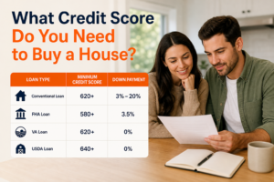 Credit score requirements by mortgage loan type infographic