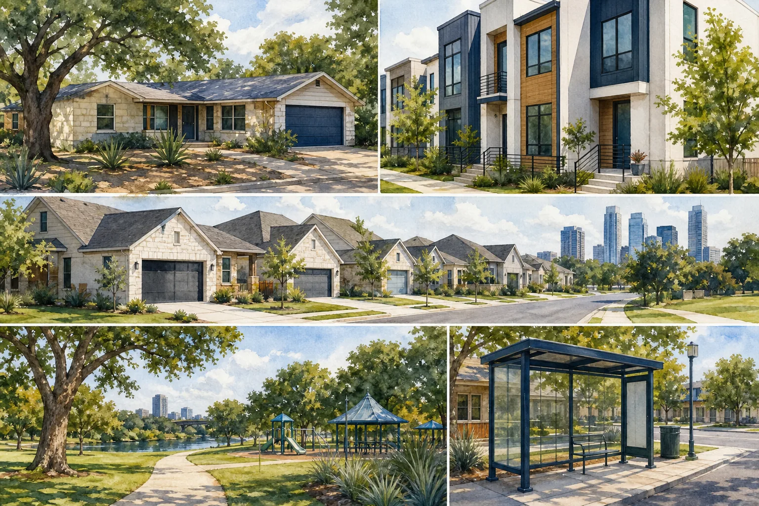 Austin Texas housing styles parks sidewalks and neighborhood amenities.