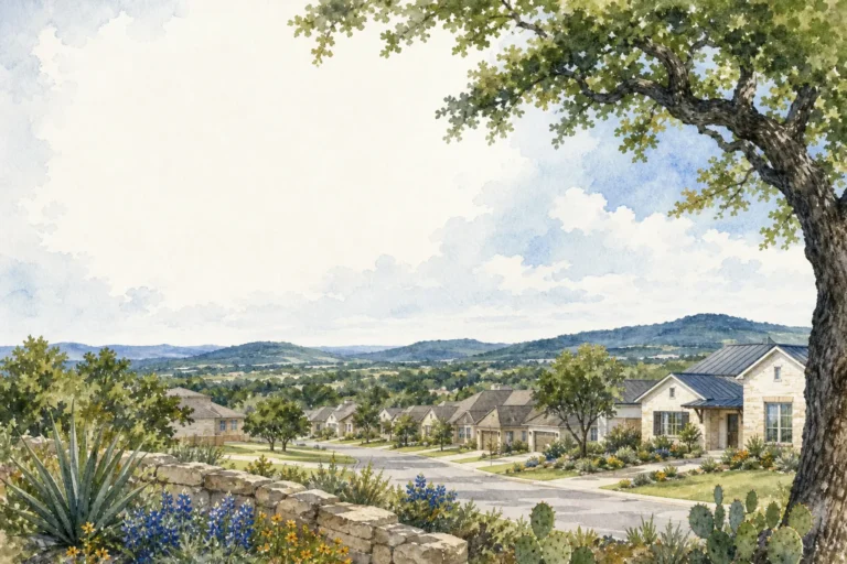 Buda Texas homes for sale buyer guide with Central Texas homes and Hill Country scenery.