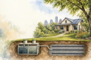 Buying a house with a septic tank in Austin, Texas, with a simple septic system illustration.