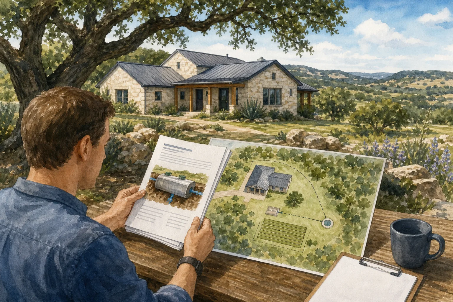 A Texas homebuyer checks septic permits and the drainfield layout before closing.