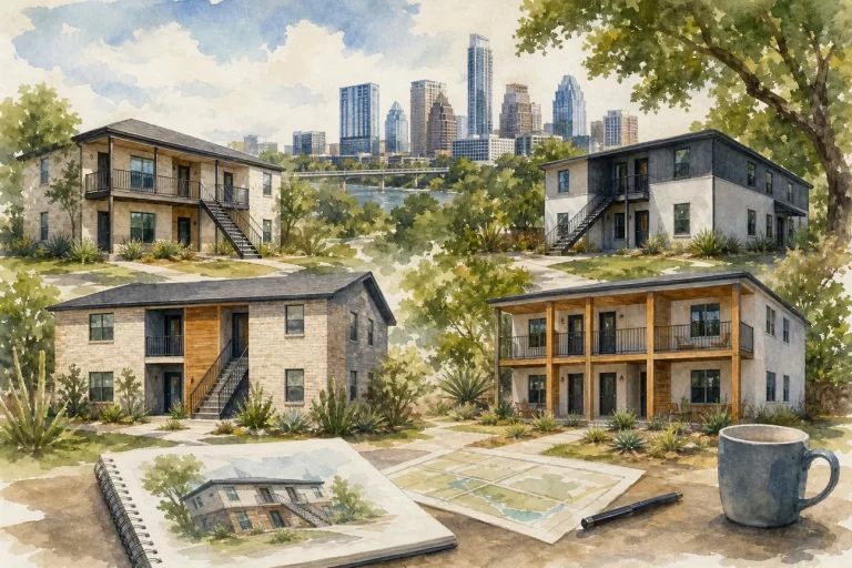 Editorial illustration for Fourplex Options for Sale in Austin
