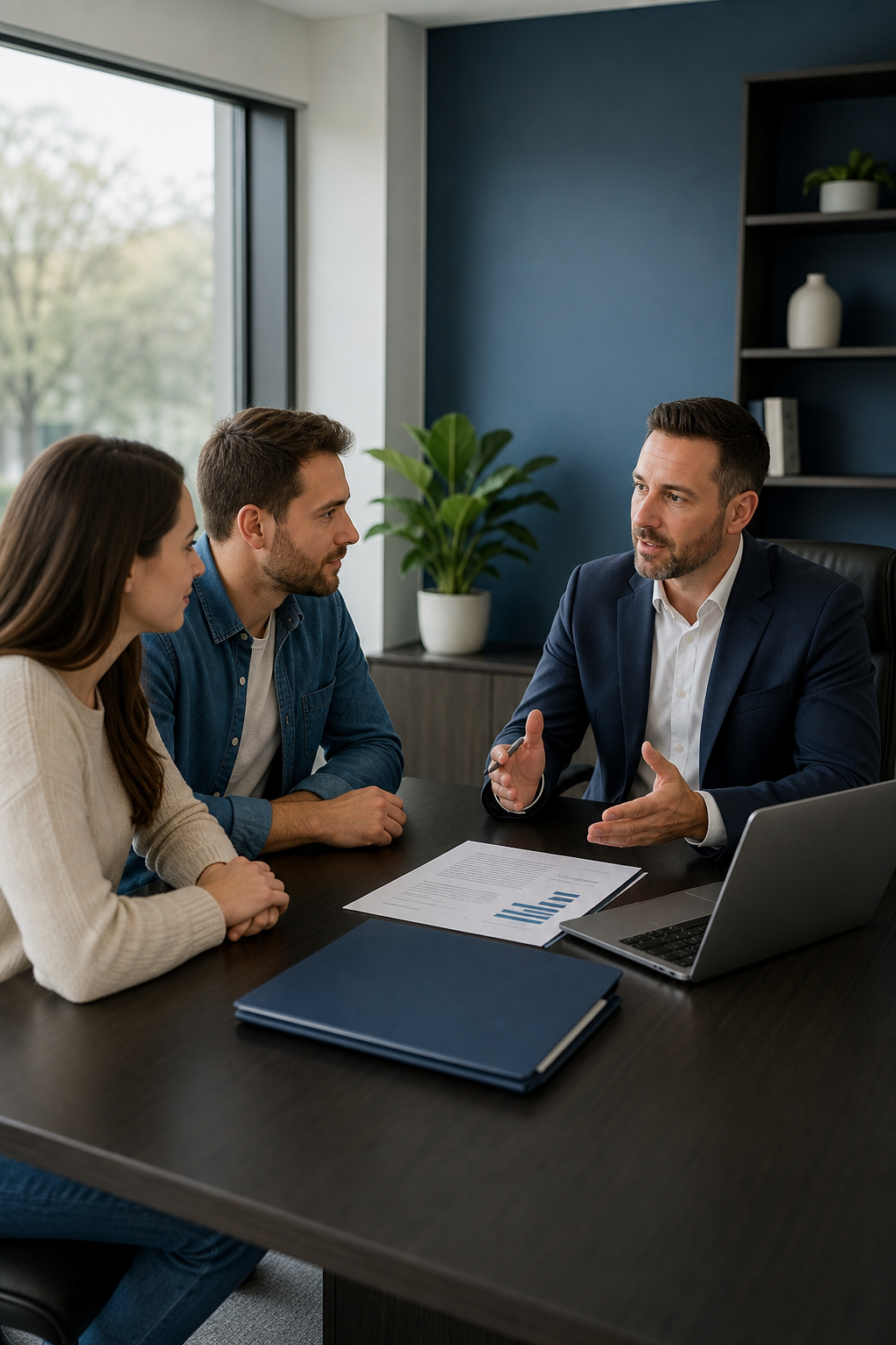 A realistic wide-angle photo of a professional meeting between a couple and a mortgage advisor at a modern office desk, documents and a laptop visible, brand color accent (#3E5063) in the decor, natural lighting. Alt: Couple meeting with a mortgage lender to discuss home loan options.