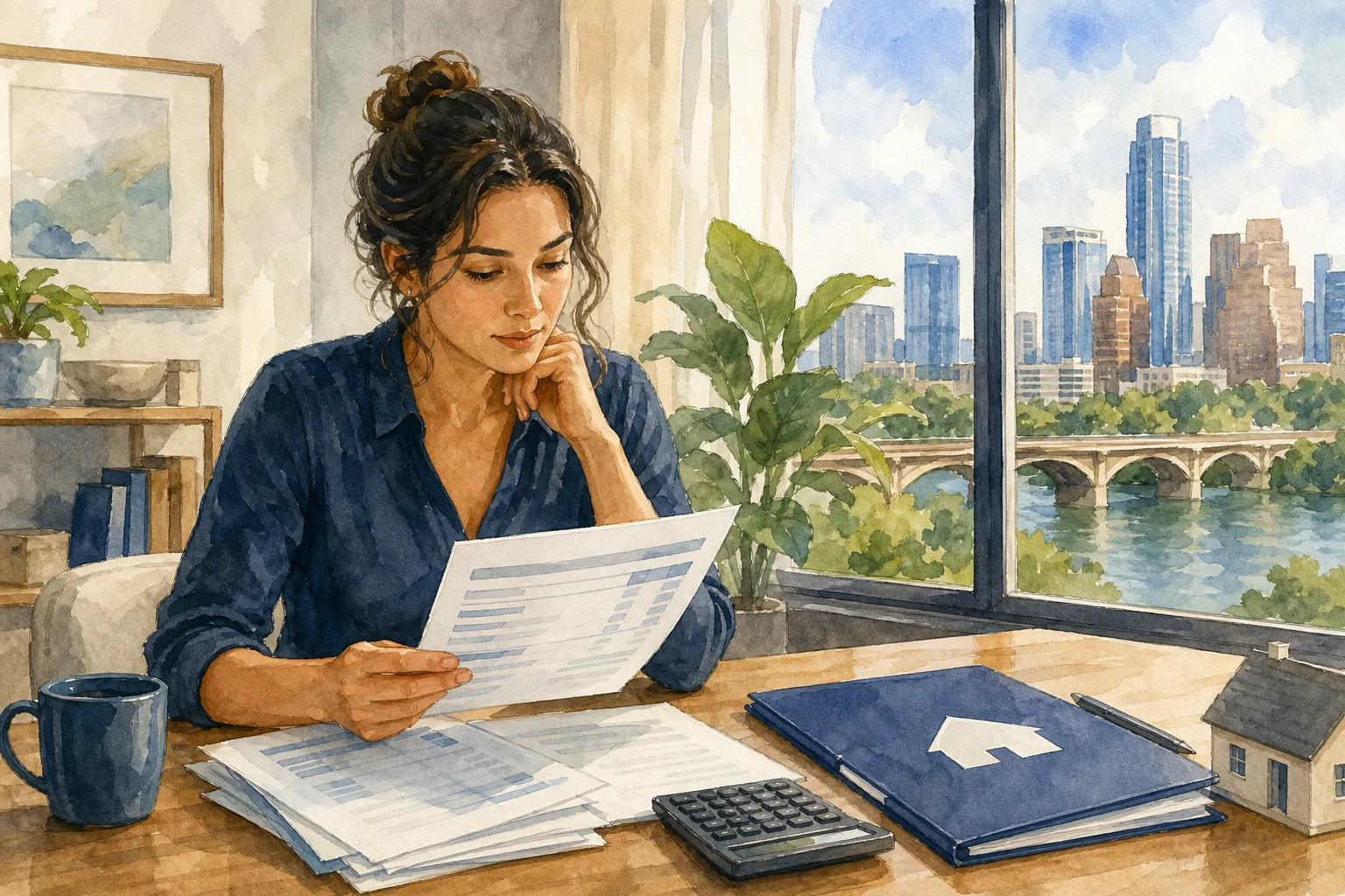 Austin homebuyer reviewing credit card balances and payment records before a mortgage application.