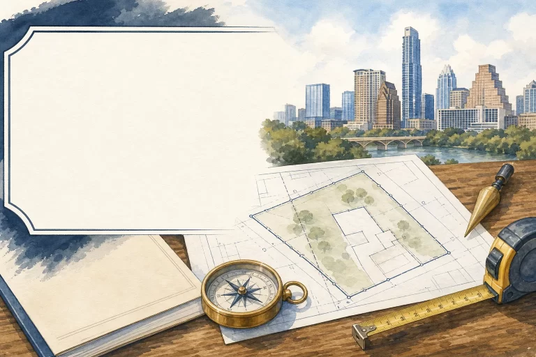 Texas property survey with deed and compass in Austin setting