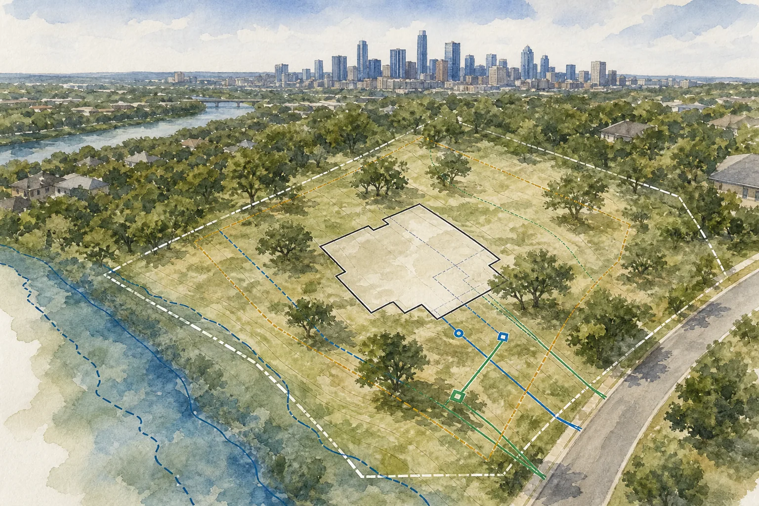 Austin Texas survey showing home footprint utilities flood zone and setbacks
