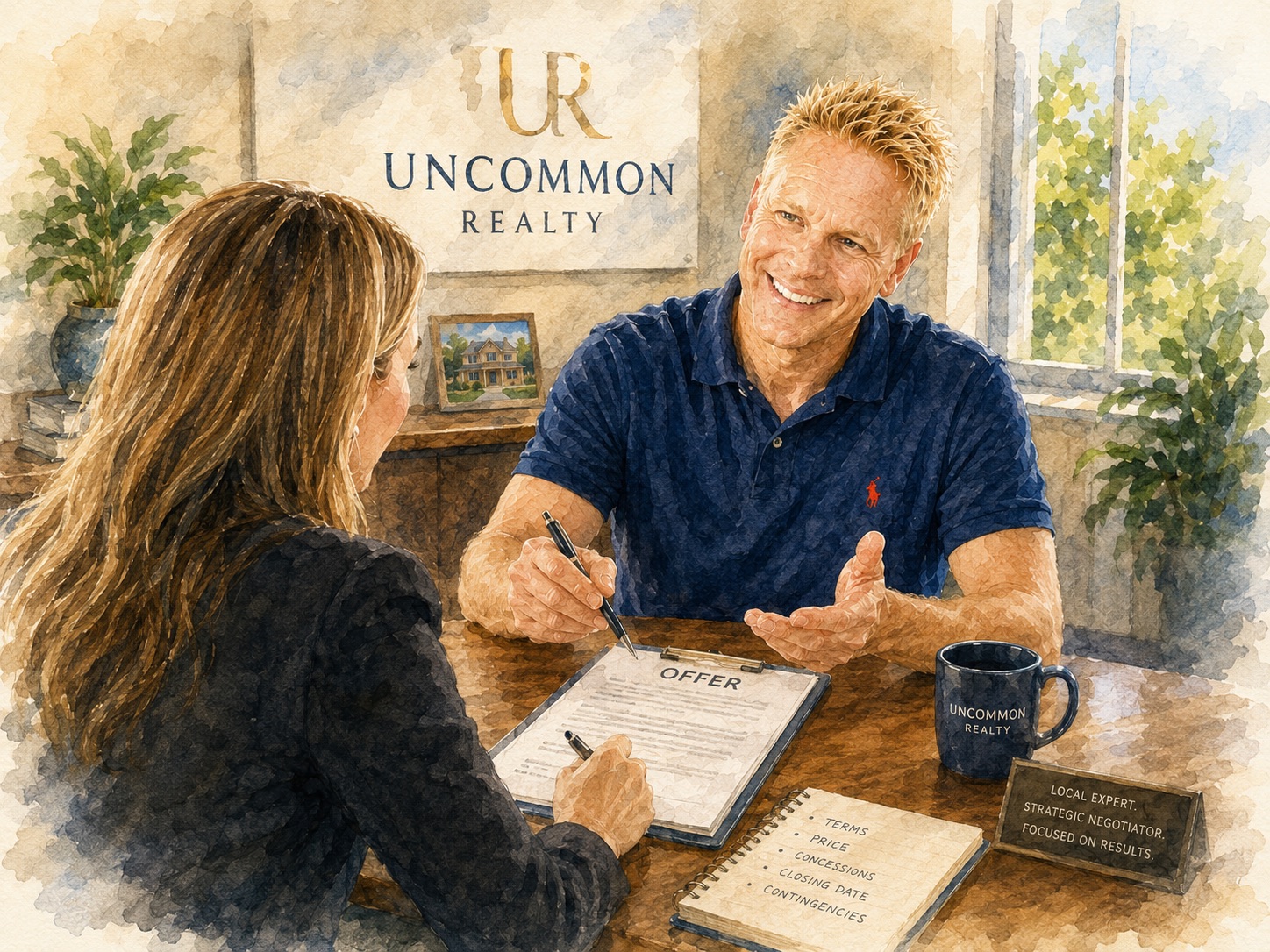 Illustrated watercolor scene of Robbie English negotiating an offer with a client in the Uncommon Realty office