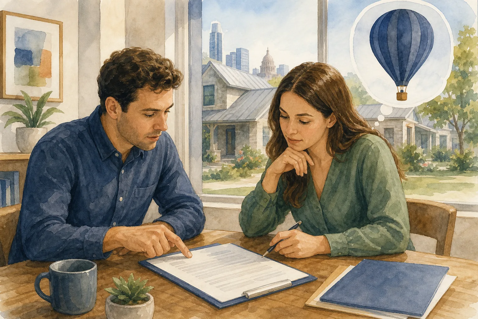 Buyer and seller reviewing seller financing risks in Austin, Texas.