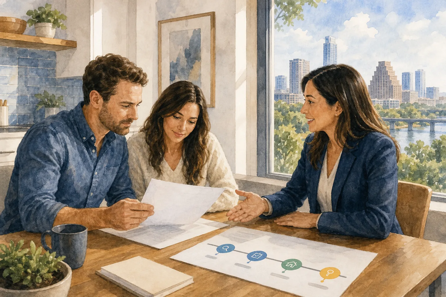 Buyer and agent review pending home sale steps in Austin, Texas.