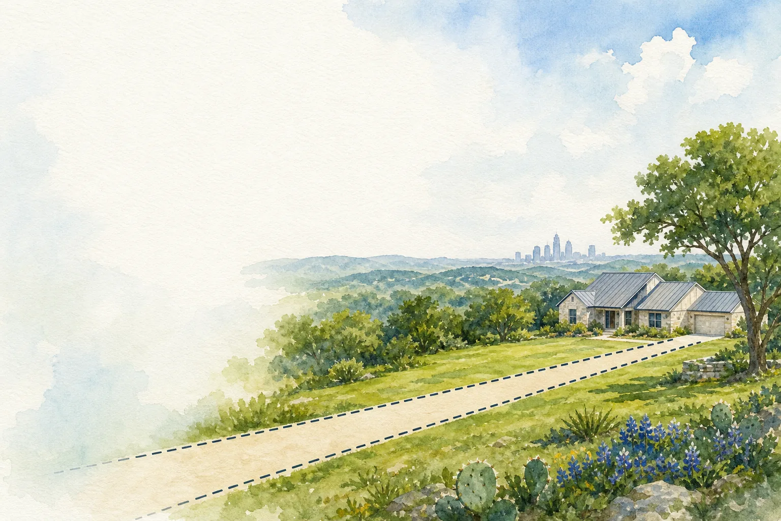 Watercolor title card showing a property easement on Texas land.