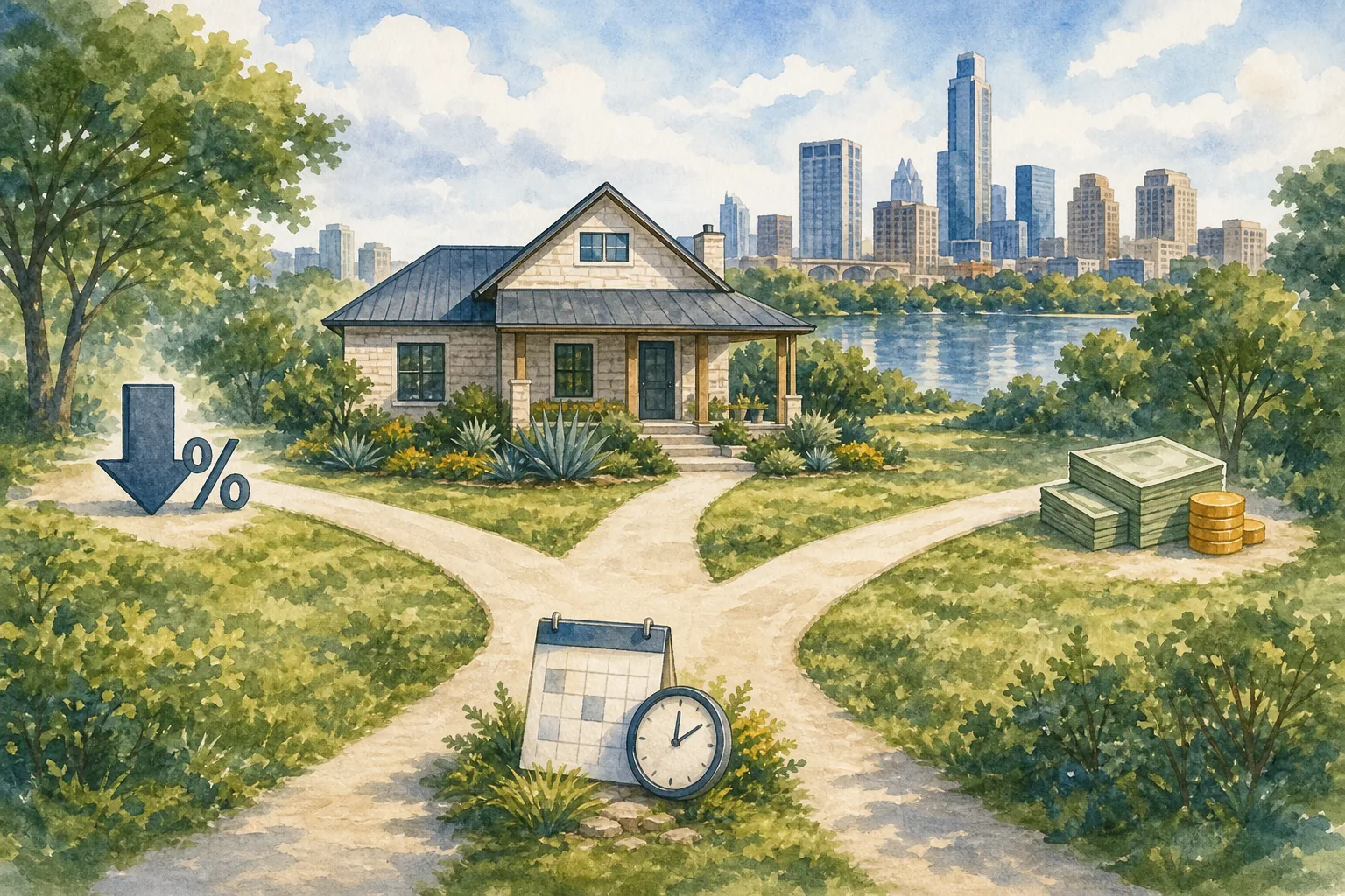 Watercolor Austin home with visual paths for rate-and-term, shorter-term, and cash-out refinance choices.